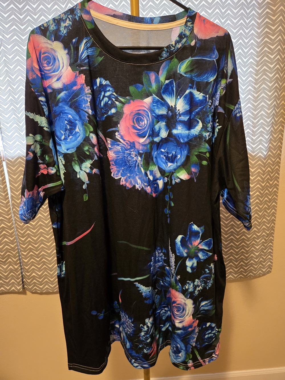 iEDM Black Floral Tee with Blue and Pink Blooms